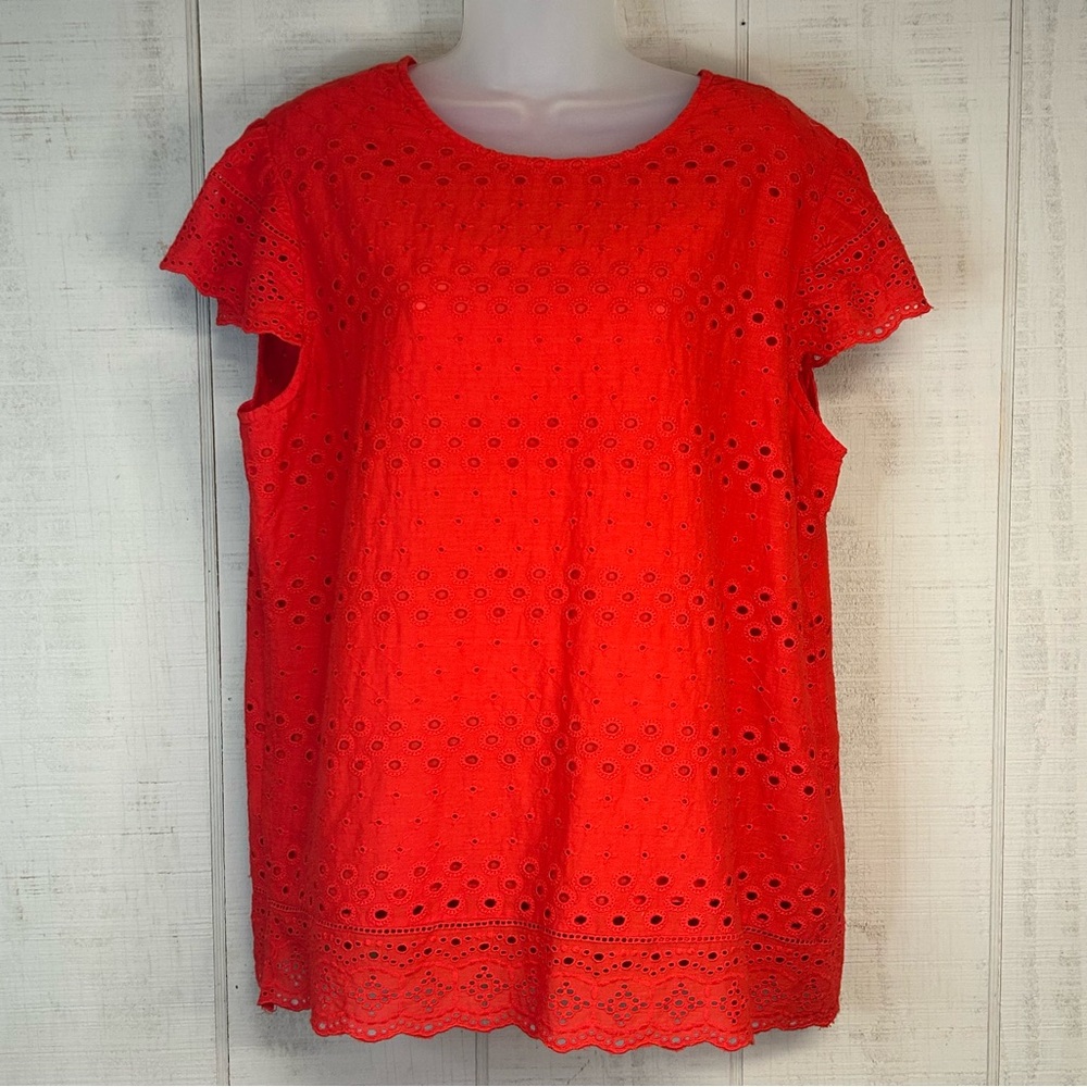 Womens Eyelet Blouse Top Petite Size MP Short Sleeve Embroidery Ruffle NWT‎ Red